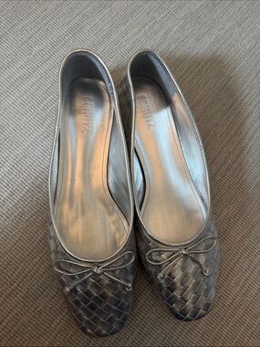 SCHUTZ Metallic Silver Woven Ballet Flats with Bow